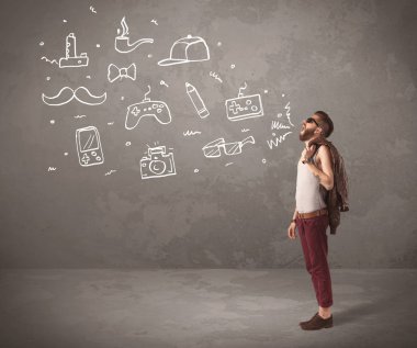 Komik hippi adam çizilmiş şeyler bağırıyor.