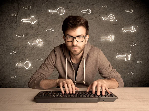 Hacker nerd guy with drawn password keys — Stock Photo, Image