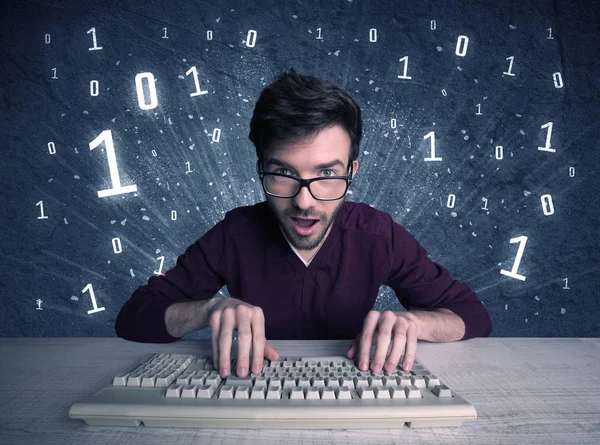 Online intruder geek guy hacking codes — Stock Photo, Image