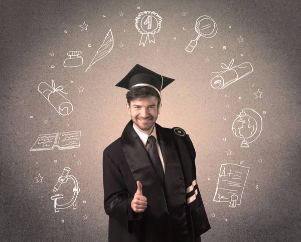 Happy graduate tiener met de hand getekend school pictogrammen — Stockfoto