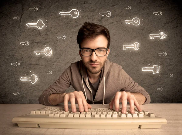 Hacker nerd guy with drawn password keys