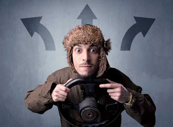 Man holding steering wheel — Stock Photo, Image