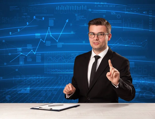 Stock data analyst in studio giving adivce on blue chart backgro — Stock Photo, Image