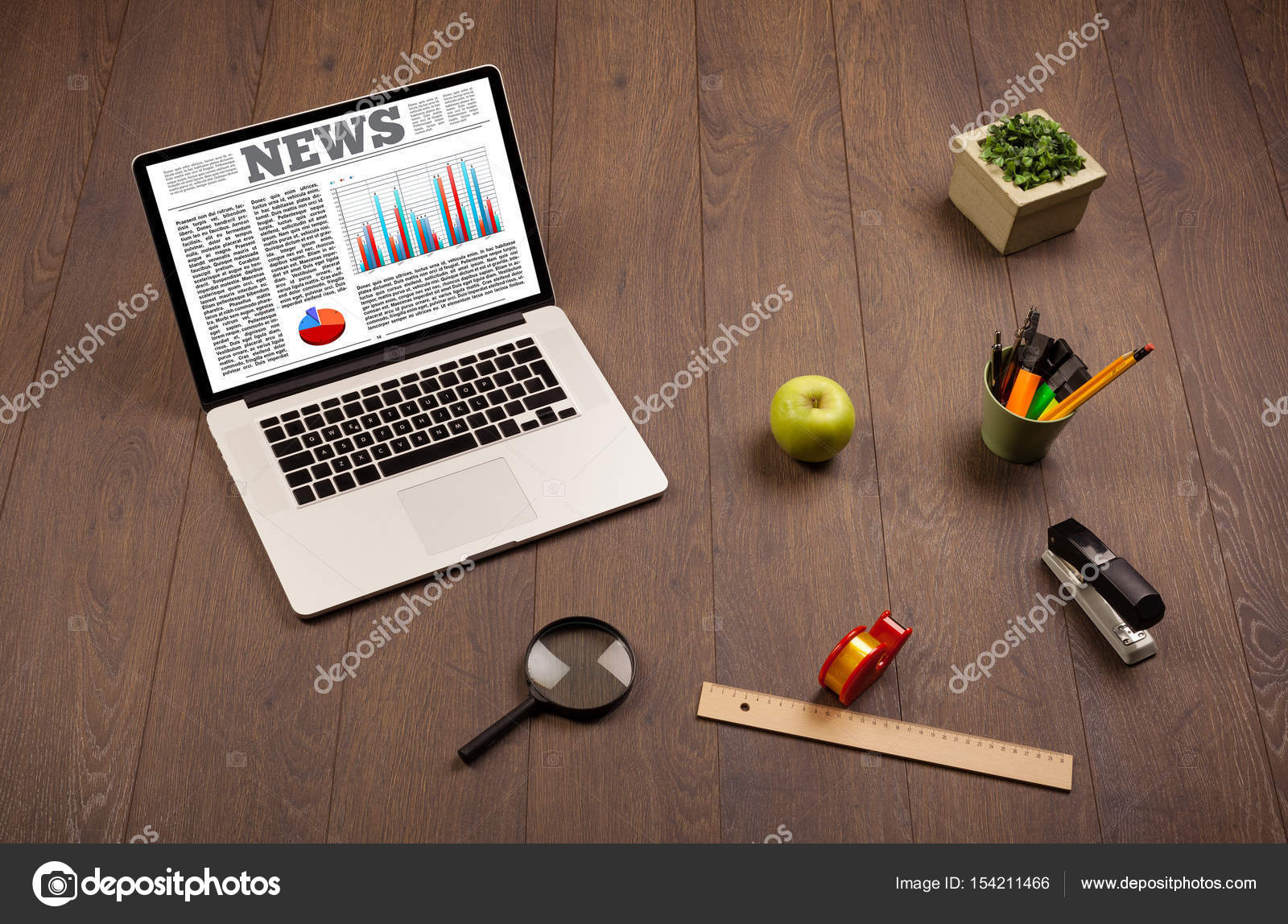 Computer Laptop On Desk With Office Accessories Stock Photo