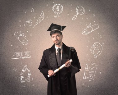 Elle çizilmiş okul ikonlarıyla mutlu bir öğrenci.