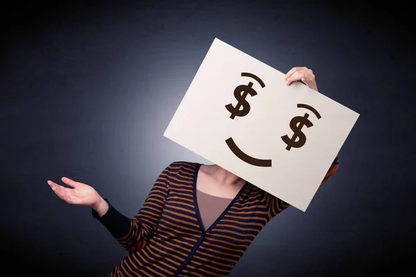 Woman holding paper with greedy emotion — Stock Photo, Image