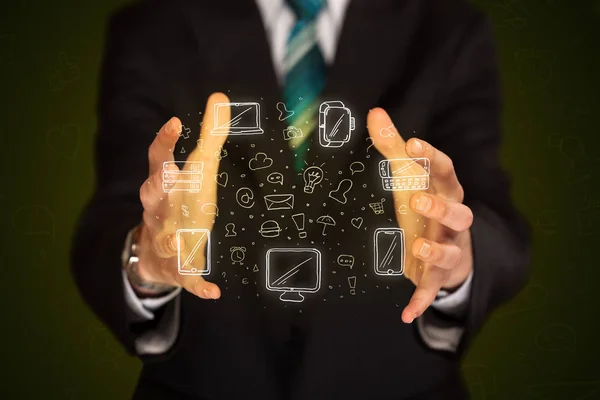 Businessman holding networking icons — Stock Photo, Image