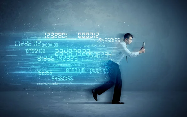 Business man running with device and data concept — Stock Photo, Image