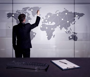 Dünya Haritası üzerinde nokta çizim iş kişi