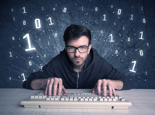 Online intruder geek guy hacking codes — Stock Photo, Image