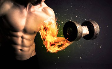 Bodybuilder athlete lifting weight with fire explode arm concept clipart