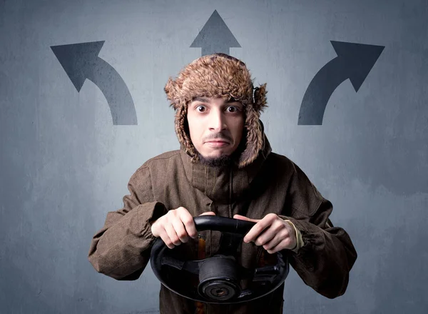 Man holding steering wheel — Stock Photo, Image