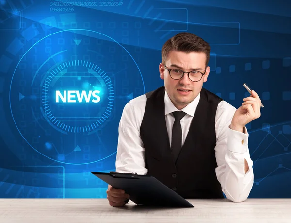 Modern televison presenter telling the news with tehnology backg — Stock Photo, Image