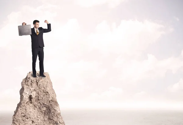 Happy businessman standing on cliff — Stock Photo, Image