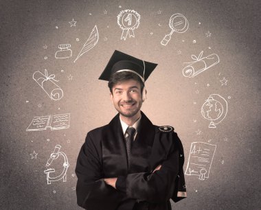 Elle çizilmiş okul ikonlarıyla mutlu bir öğrenci.