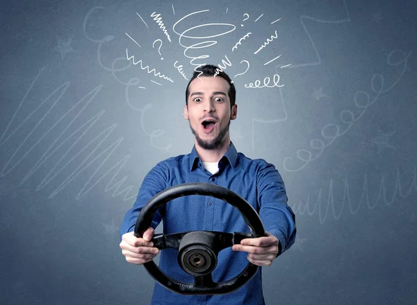 Man holding steering wheel — Stock Photo, Image