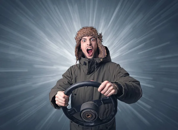 Man holding steering wheel — Stock Photo, Image