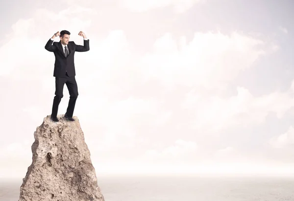 Happy businessman standing on cliff — Stock Photo, Image