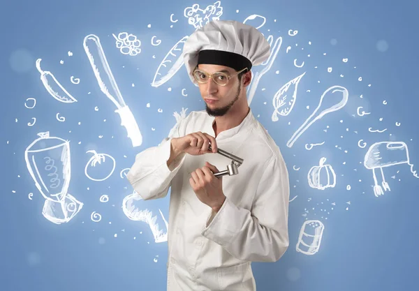 Mladý kuchař s křídou nakreslený polévka recept koncept — Stock fotografie