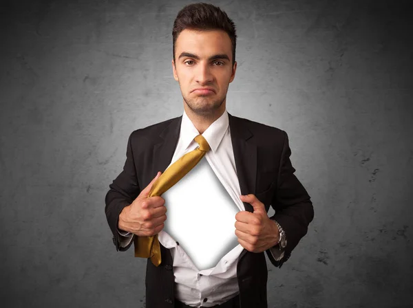 Businessman tearing off his shirt with white copyspace on chest — Stock Photo, Image