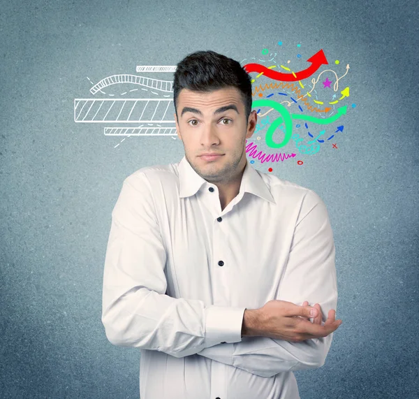 Happy creative business guy with illustration — Stock Photo, Image