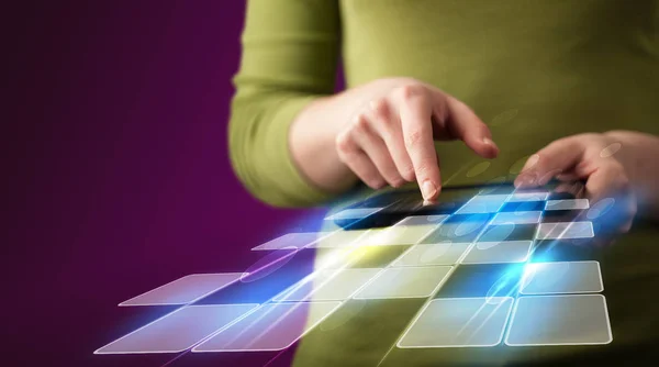 Close up of hand holding tablet with cyber application — Stock Photo, Image