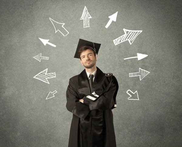 Mladý postgraduální student s ručně kreslenými šipkami — Stock fotografie