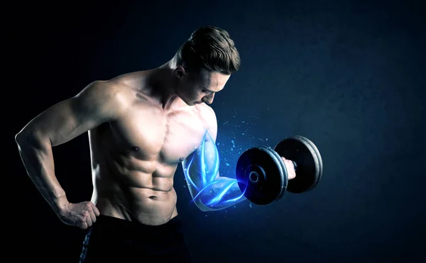 Fit athlete lifting weight with blue muscle light concept — Stock Photo, Image