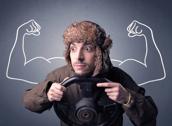 Man holding steering wheel — Stock Photo, Image