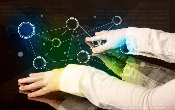 Hands touching interactive table — Stock Photo, Image