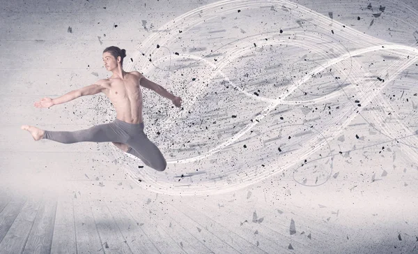 Bailarina de ballet de rendimiento saltando con partículas de explosión de energía — Foto de Stock