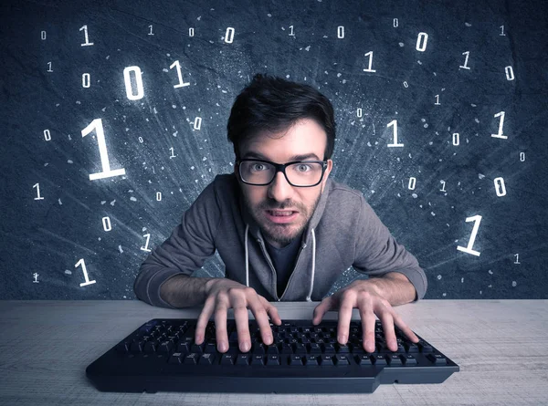 Online intruder geek guy hacking codes — Stock Photo, Image