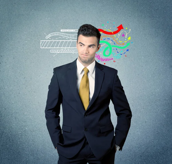 Happy creative business guy with illustration — Stock Photo, Image