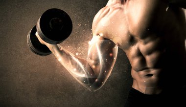 Vücut geliştirici enerji dolu beyaz çizgiler konseptiyle ağırlık kaldırıyor