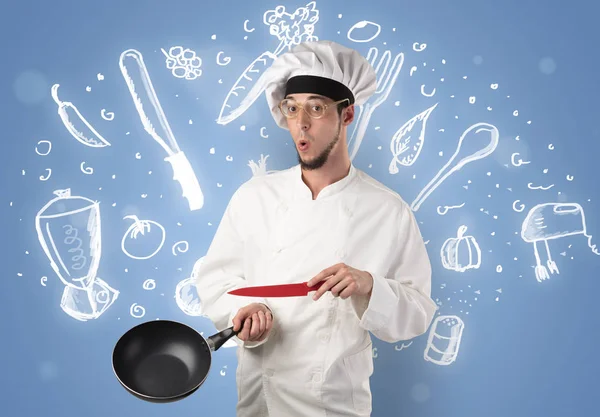 Young cook with chalk drawn soup recipe concept — Stock Photo, Image