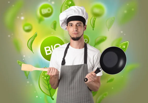 Bio leaves concept and cook portrait — Stock Photo, Image