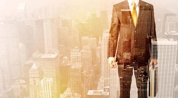 Business man looking at overlay city background — Stock Photo, Image