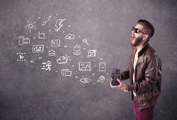 Elegant guy with beard learning photography — Stock Photo, Image