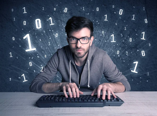 Online intruder geek guy hacking codes — Stock Photo, Image