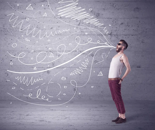 Funny shouting hipster with drawn lines — Stock Photo, Image