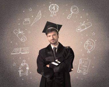 Elle çizilmiş okul ikonlarıyla mutlu bir öğrenci.