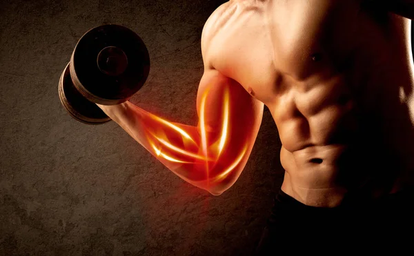 Fit bodybuilder lifting weight with red muscle concept — Stock Photo, Image