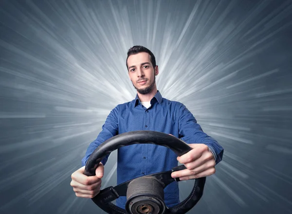 Man holding steering wheel — Stock Photo, Image