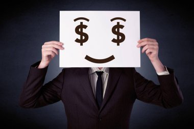 Aç gözlü duygu ile kağıt tutan işadamı 