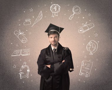 Elle çizilmiş okul ikonlarıyla mutlu bir öğrenci.