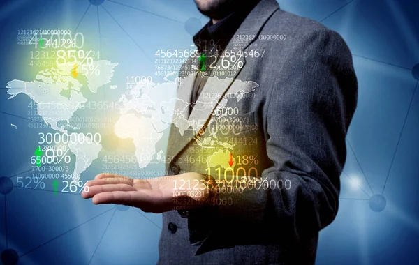 Business person holding earth statistics map — Stock Photo, Image