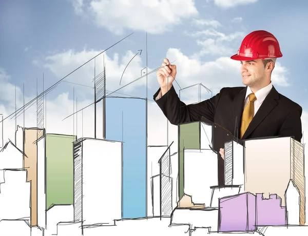 Obrero de la construcción planeando una ciudad vista — Foto de Stock