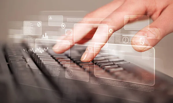 Hand aanraken toetsenbord met high tech knoppen — Stockfoto