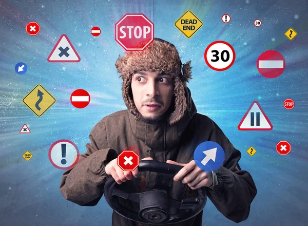 Man holding steering wheel — Stock Photo, Image