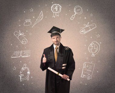 Elle çizilmiş okul ikonlarıyla mutlu bir öğrenci.